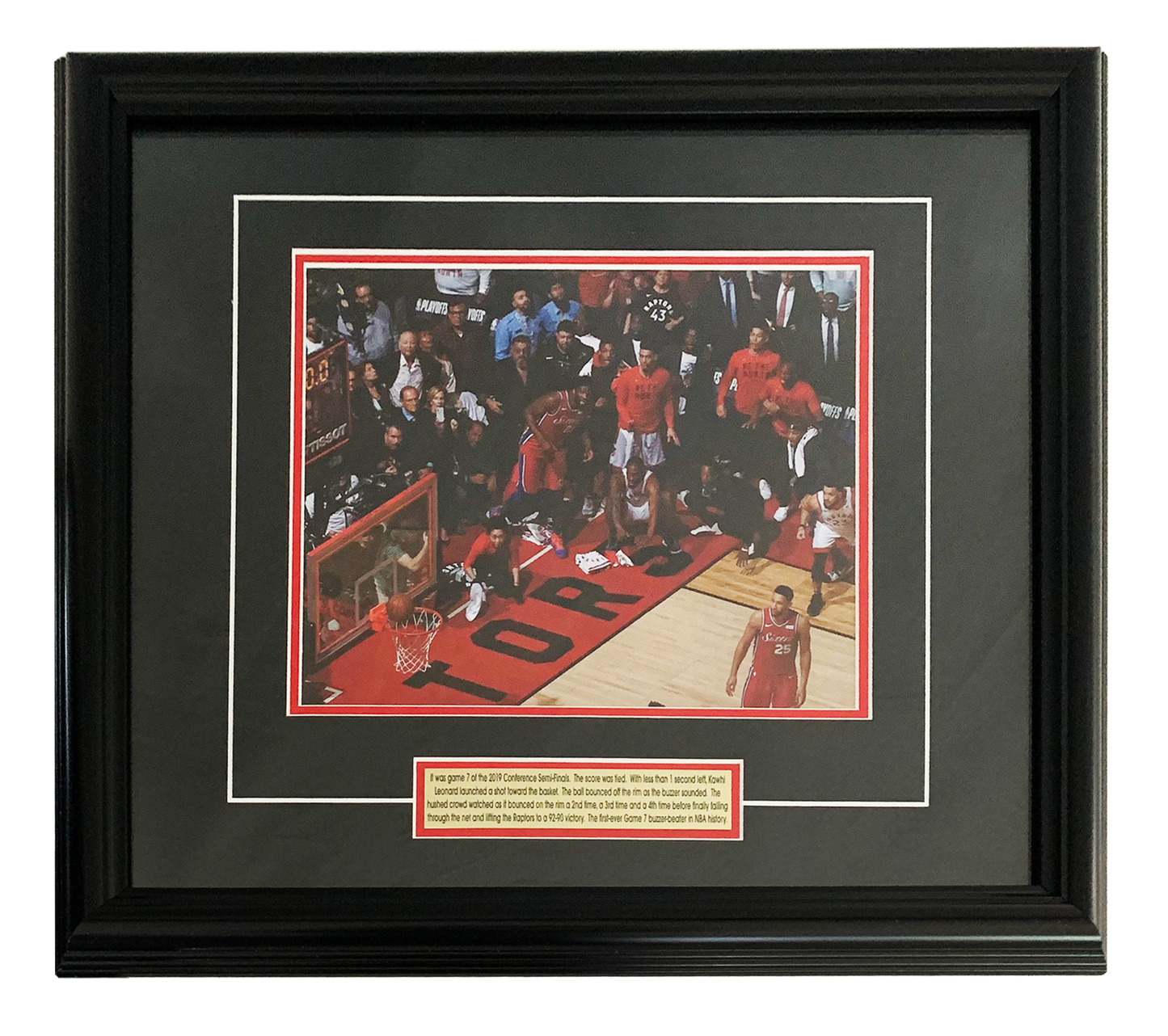 68-297- Kawhi Leonard 8x10 and Plate Framed Raptors Game 7 Basket Crouched